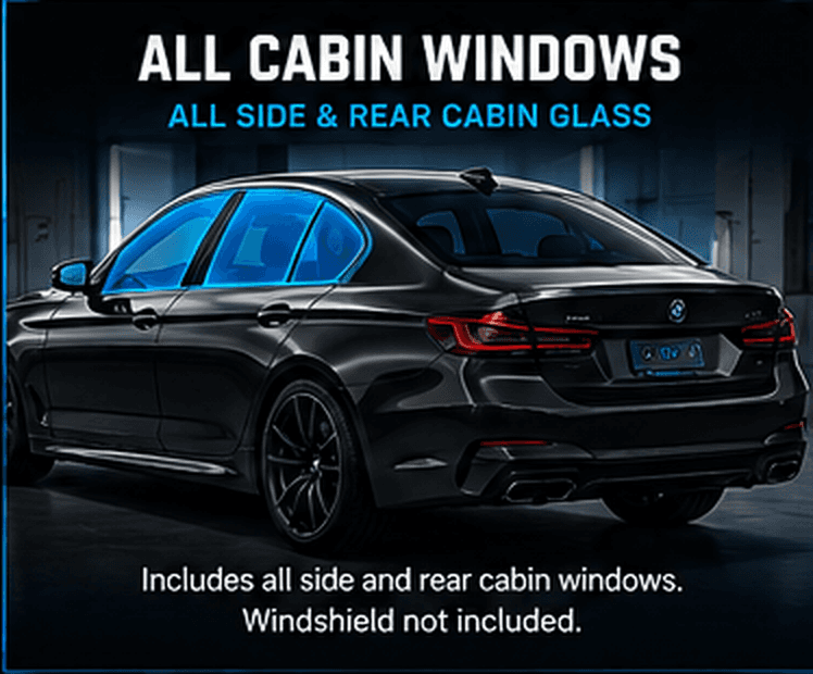 Detailtopia window tint coverage graphic highlighting cabin glass with the windshield excluded