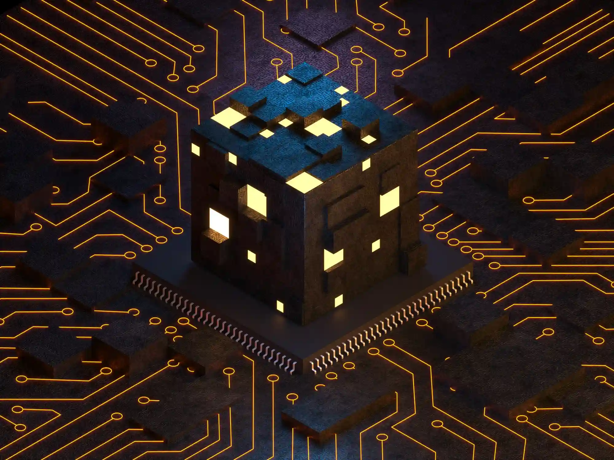 Abstract digital cube with glowing windows on a circuit board, symbolizing complex data or blockchain technology.