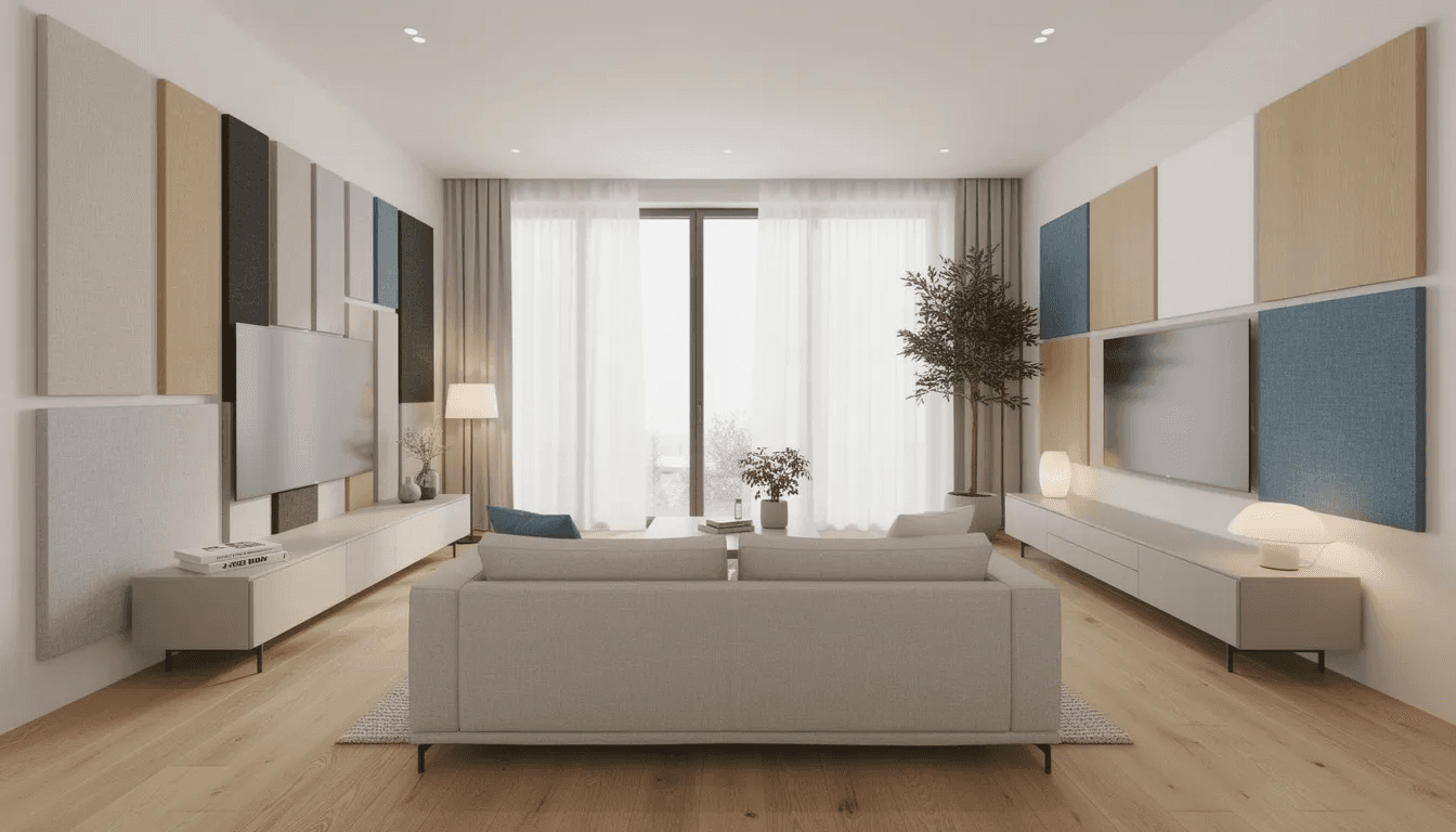 Nowoczesna przestrzeń mieszkalna z estetycznie zintegrowanymi panelami akustycznymi w różnych kolorach i wykończeniach, które poprawiają akustykę wnętrza, pochłaniając niepożądane dźwięki i wpływając na komfort akustyczny pomieszczenia. Panele dźwiękochłonne są zamontowane na ścianach oraz suficie, tworząc przyjemną i funkcjonalną atmosferę.