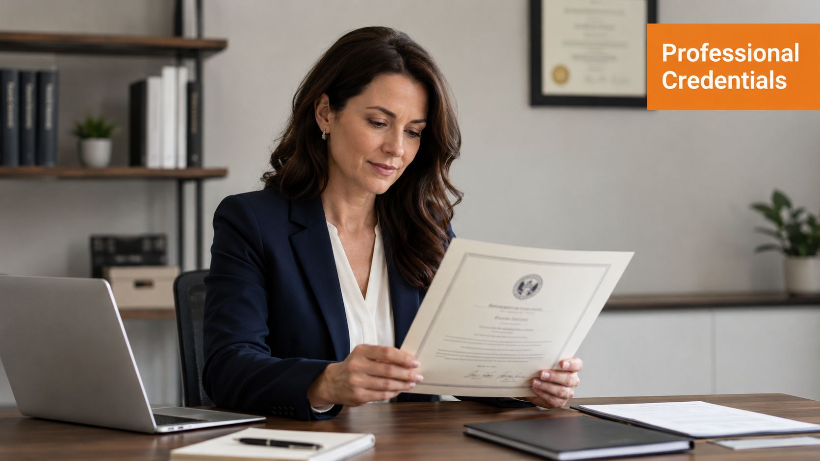 A professional woman in a dark blazer reviews a formal certificate while sitting at her office desk.