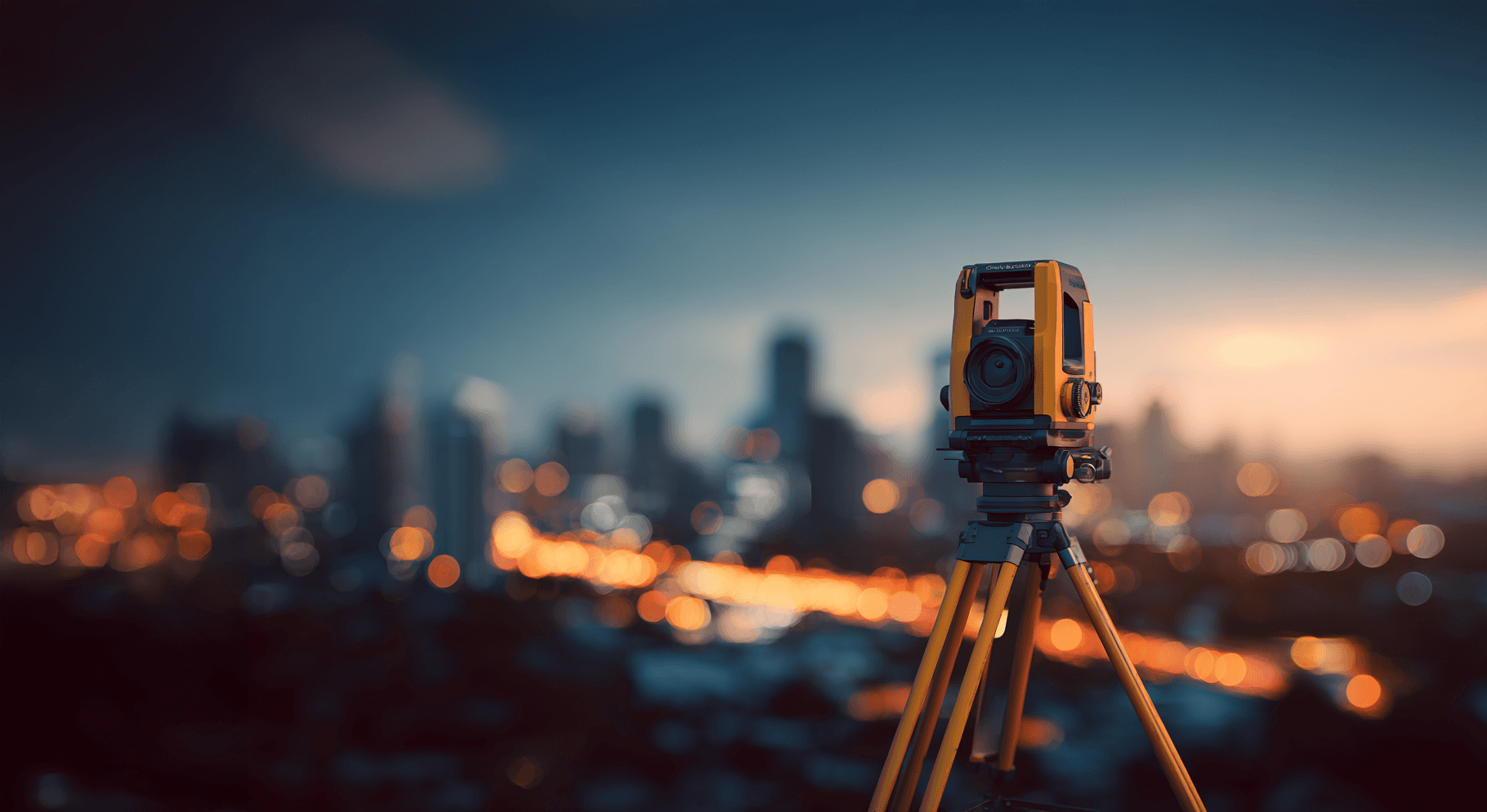 Professional Land Surveying Total Station on Tripod perched on a hill with Melbourne city in the background