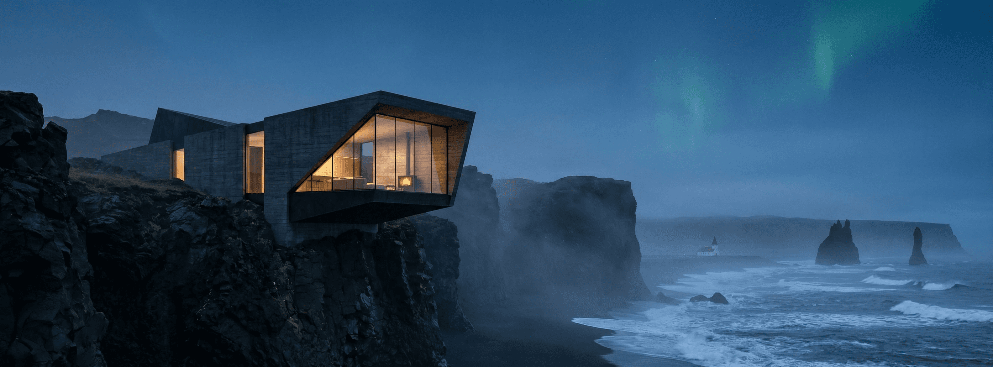 A modern seaside house illuminated at dusk, perched on a rocky cliff overlooking turbulent ocean waves.
