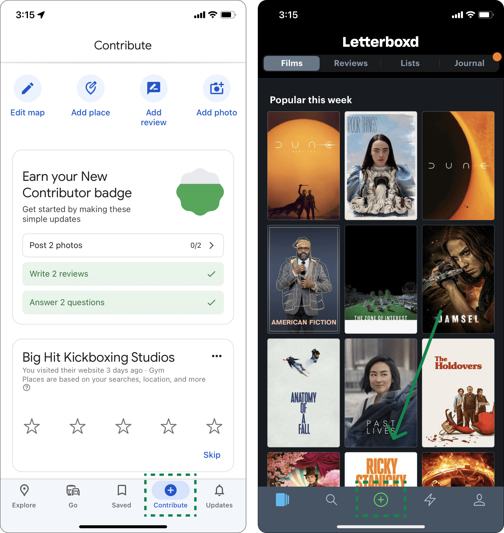 Letterboxd and Google Maps account pages to leave reviews