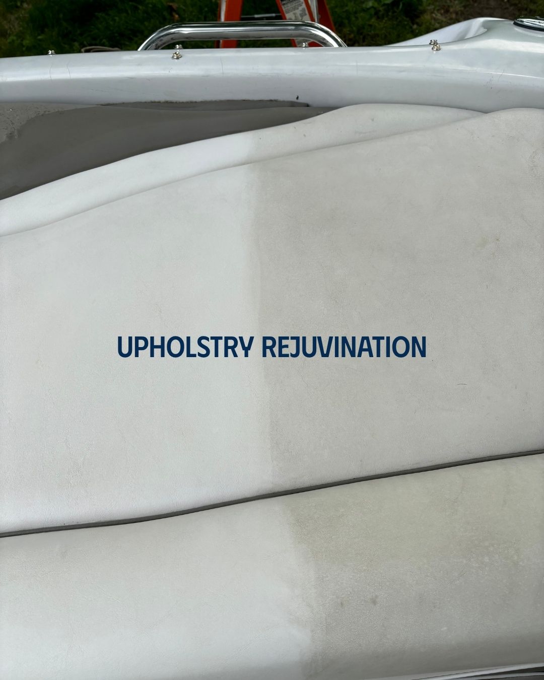 The seat upholstry in a boat showing one side after being rejuvinated and cleaned and the other side before the service