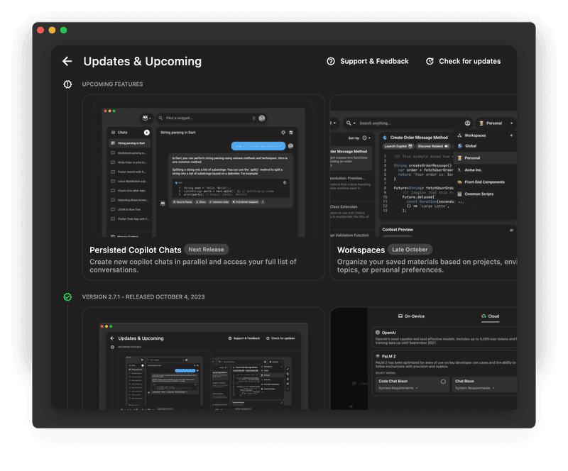 Upcoming features to the Pieces desktop app.
