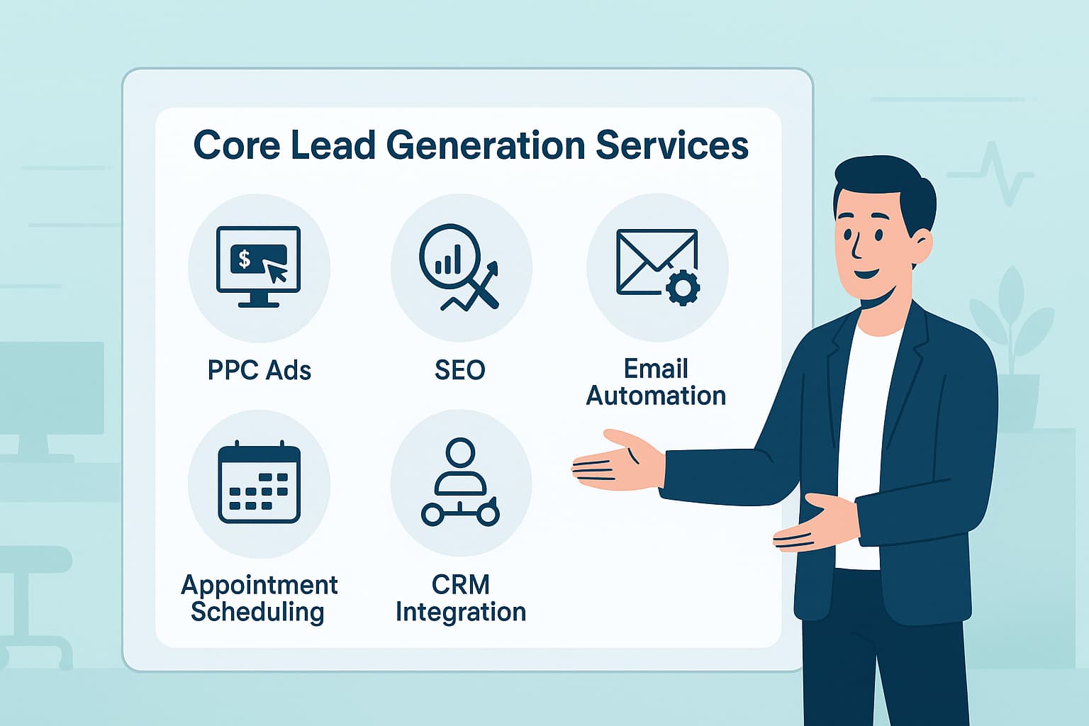 "Healthcare Lead Generation Agency That Delivers: Illustration of a business professional presenting core lead generation services including PPC ads, SEO, and email automation."