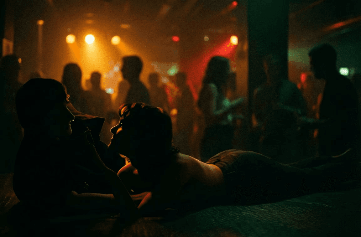 Two friends lie talking on a nightclub stage, faces softly lit by warm orange and green lights, while blurred dancers and drinkers mingle in the hazy, neon-soaked background of the club.