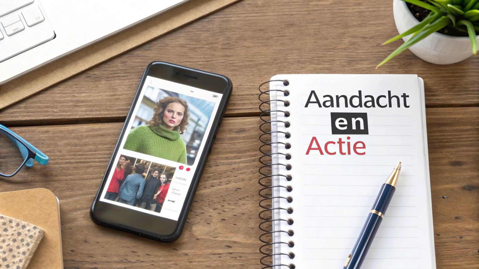 Bovenaanzicht van een houten bureau met smartphone, laptop, bril, notitieboekje en pen. Op de telefoon staat social media content, en op het notitieboekje staat 'Aandacht en Actie'.