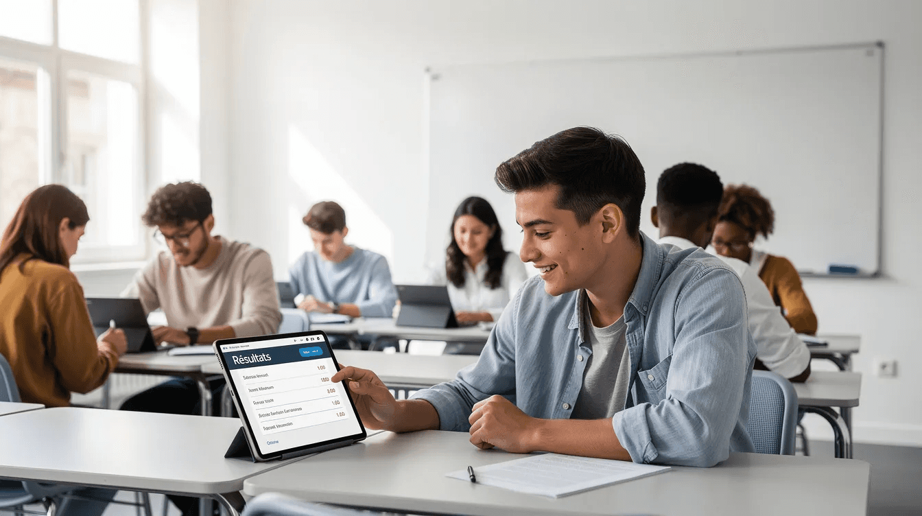 Dans une salle de classe lumineuse, des étudiants consultent des résultats sur des tablettes, utilisant des outils d'intelligence artificielle pour faciliter la correction des copies et l'évaluation de leurs travaux. L'atmosphère est studieuse, et les élèves semblent engagés dans leur apprentissage.