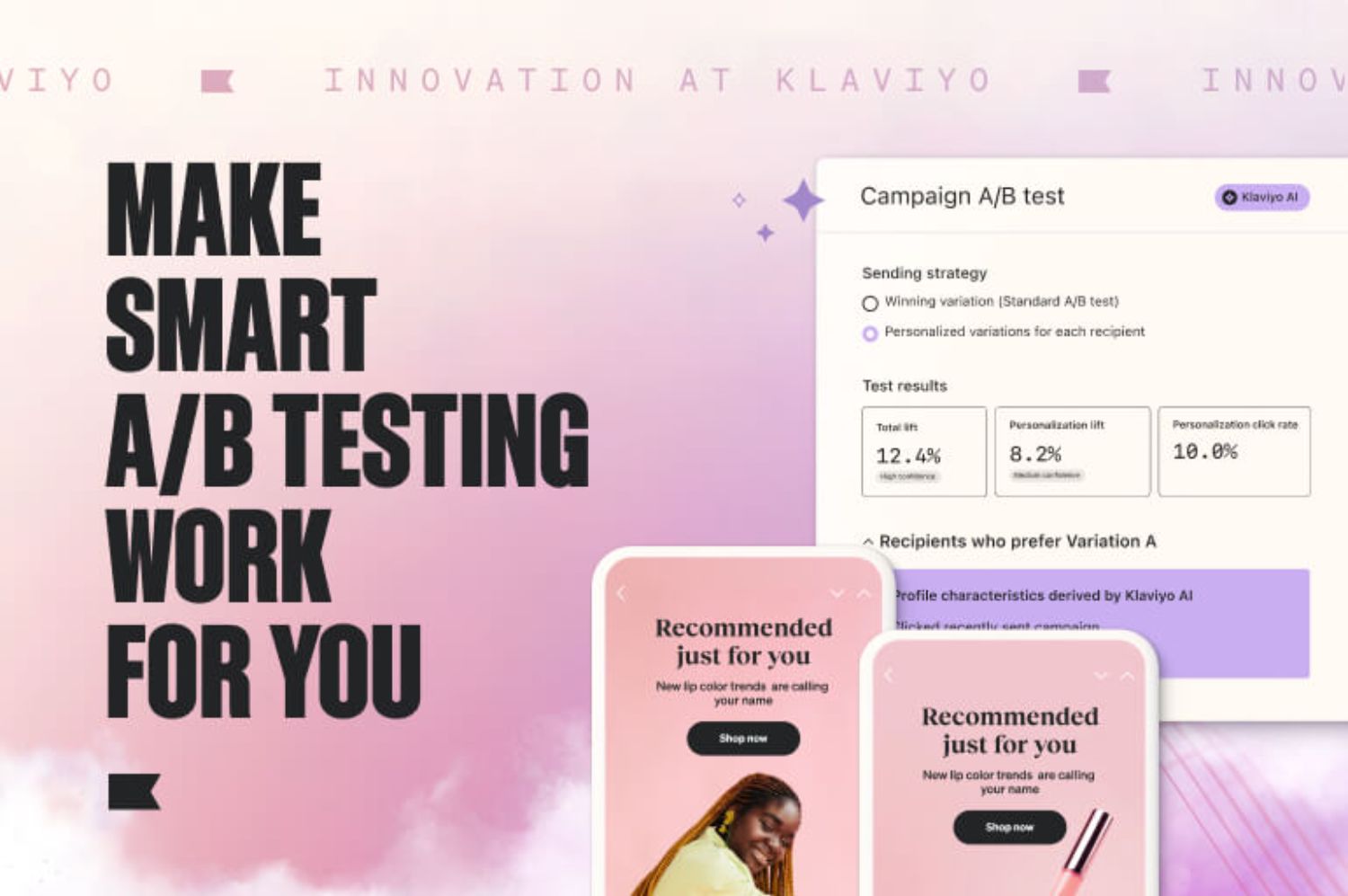 Klaviyo AB Testing AI.jpg – A Klaviyo AI-powered A/B testing dashboard, showcasing test results and personalized variations.