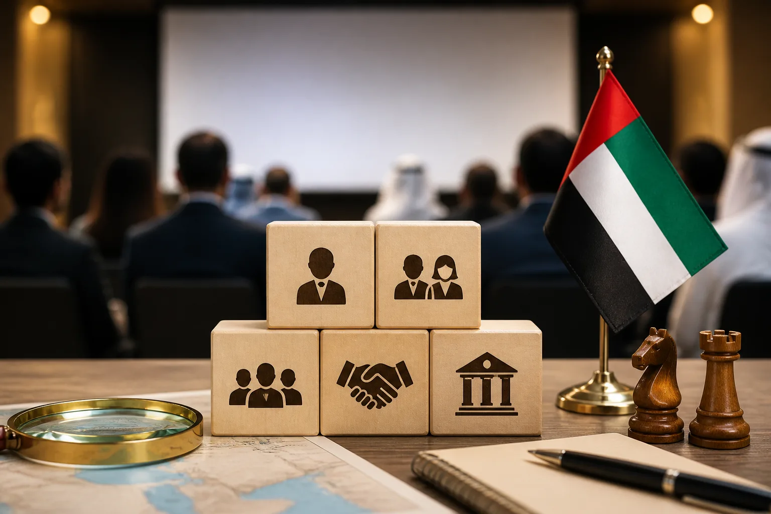 Group Structures for UAE Businesses beside a signed corporate agreement with an official stamp and