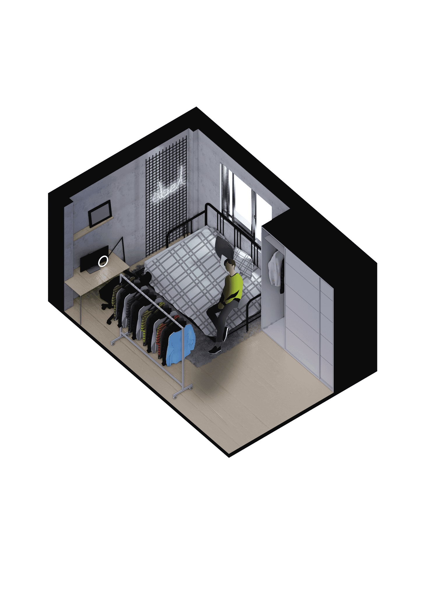 A 3D rendering of a bedroom with a neatly made bed and clothes neatly arranged on a chair.