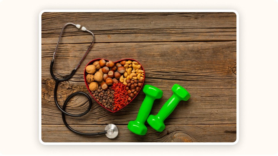 Healthy lifestyle items like dumbbells and dried fruits