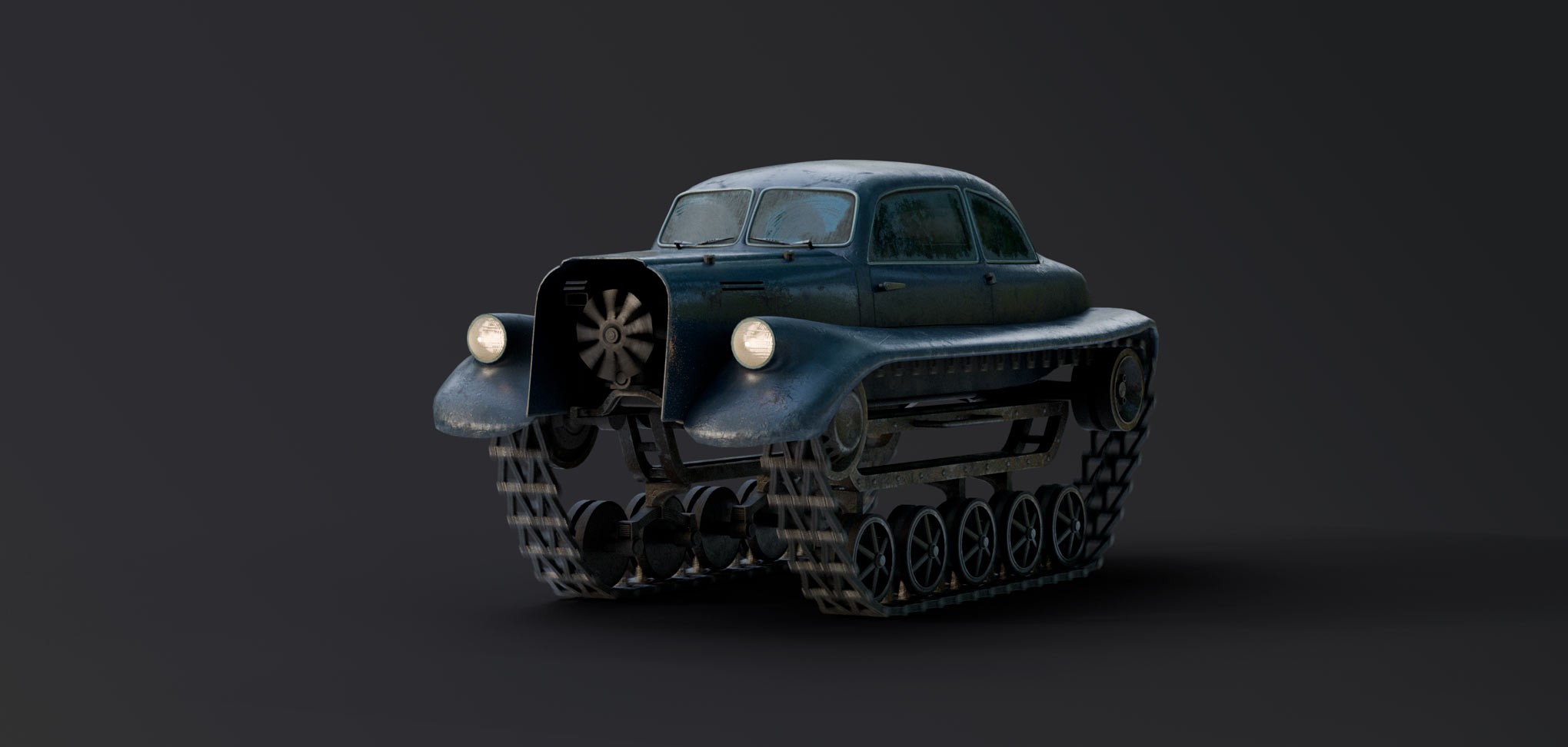 3d model of old car on tank chassis 