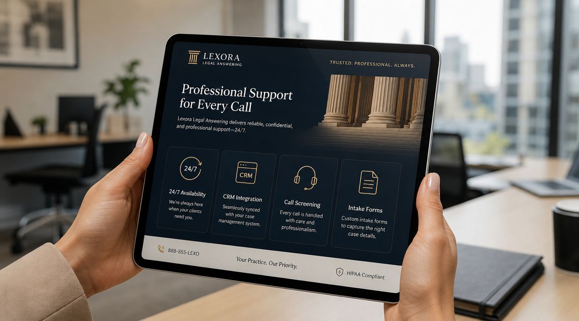 A person holding a tablet displaying the website for Lexora Legal Answering services featuring professional call support.