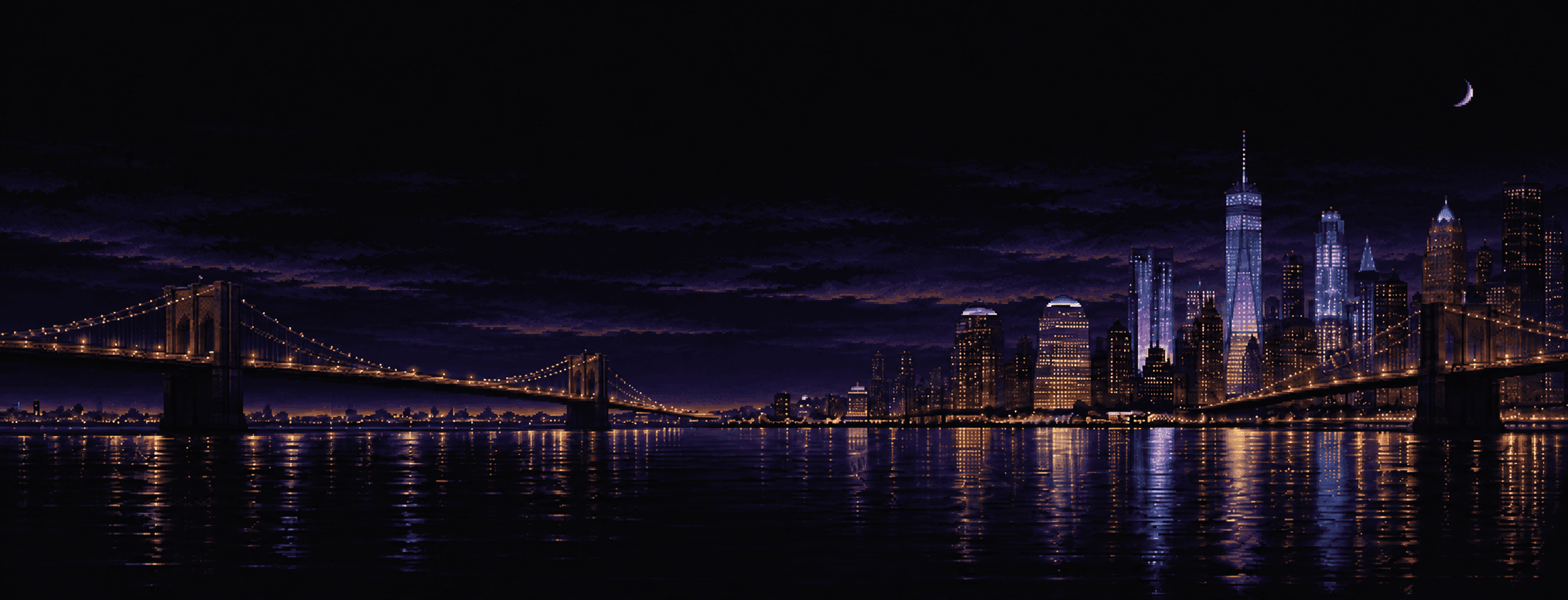 Pixel-art New York skyline at night with the Brooklyn Bridge and reflections on the river