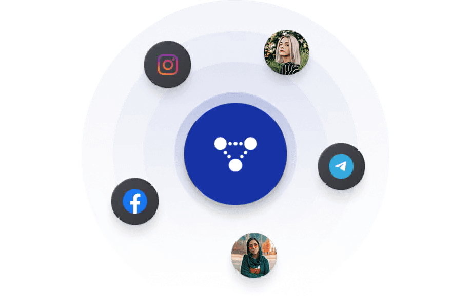 personen und symbole, die entlang einer kreisrunden form angeordnet sind