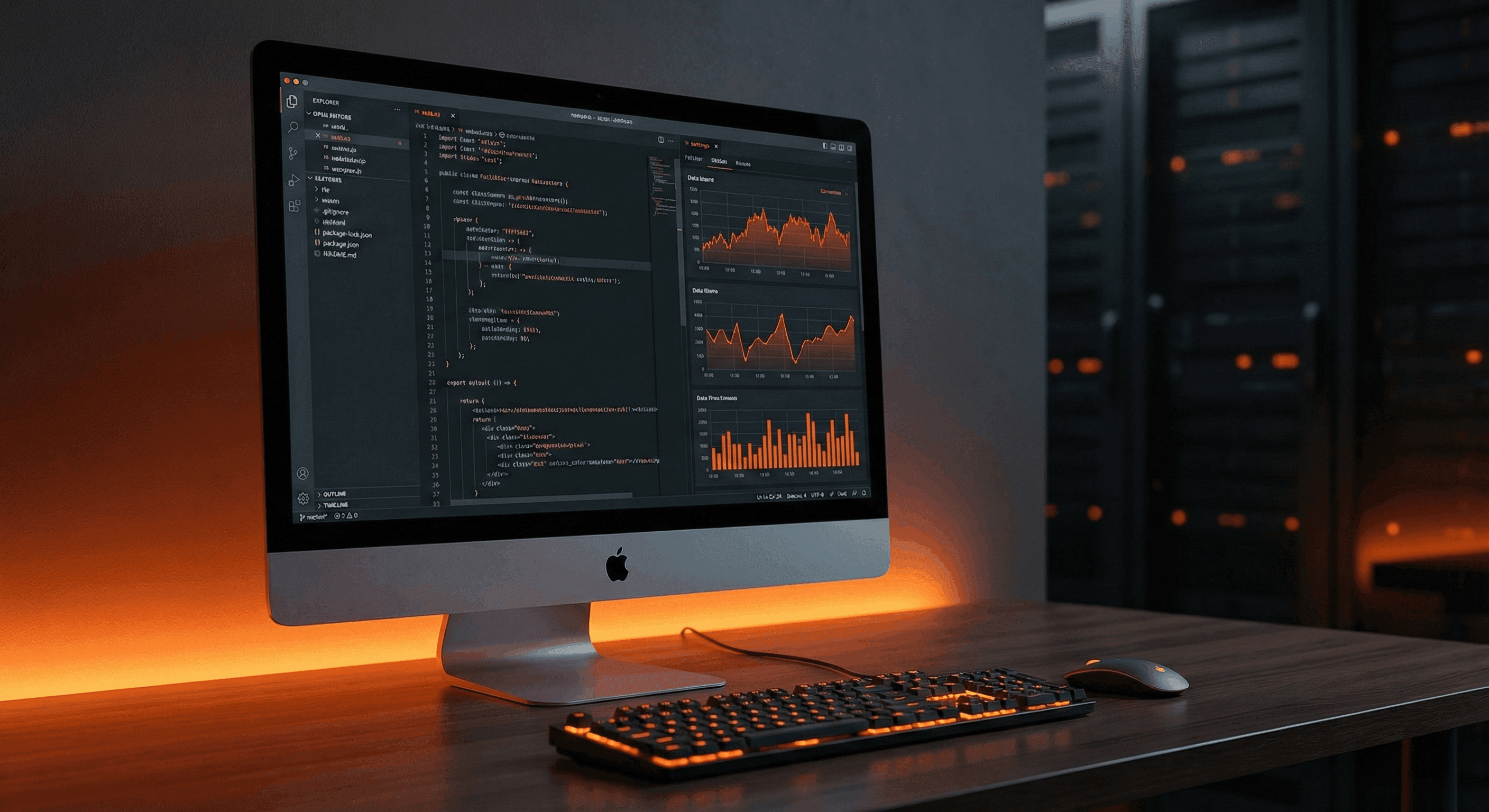 Computer screen displaying code and graphs on a desk with a keyboard and mouse.