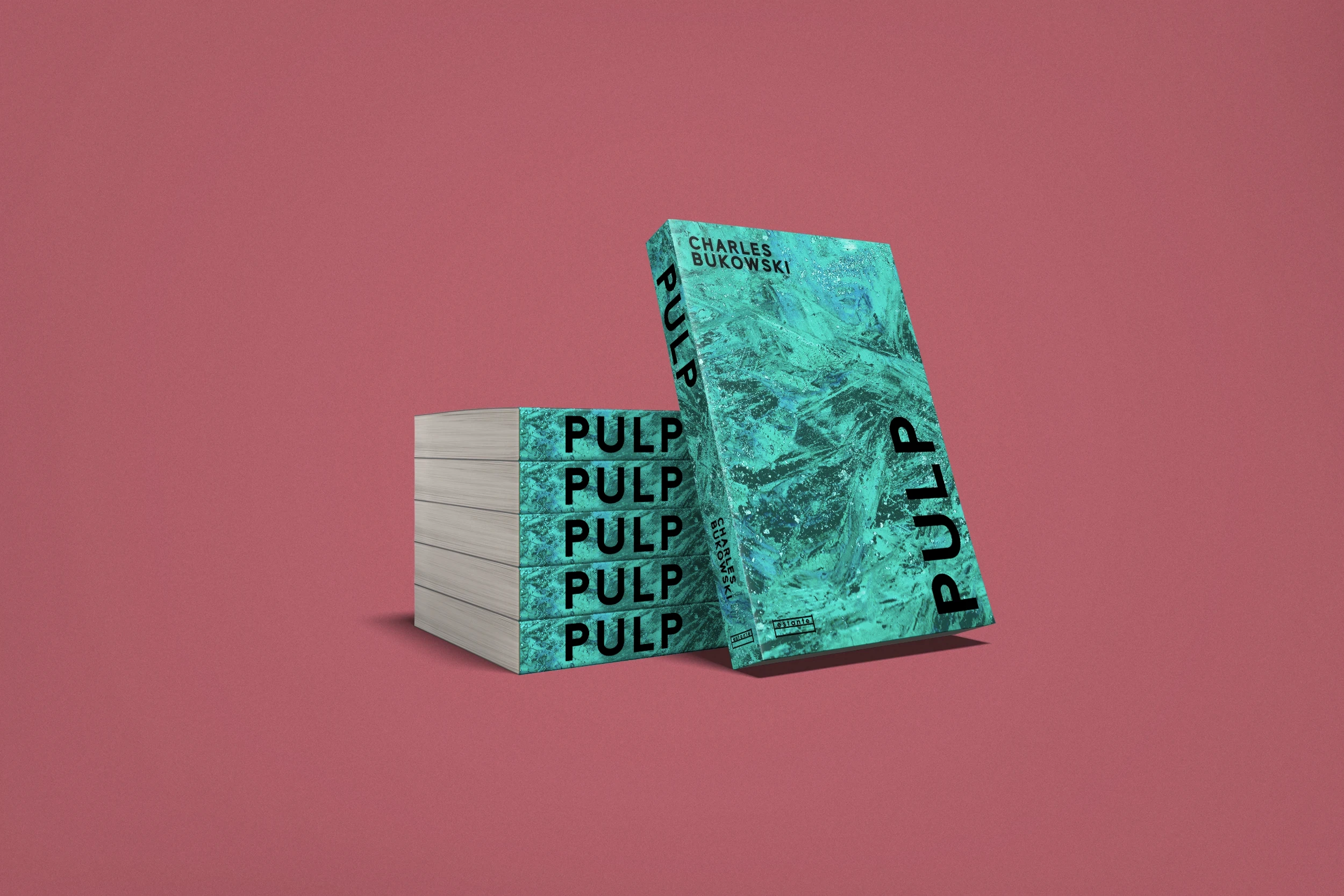 Editorial book cover design for Pulp by Charles Bukowski featuring bold typography and abstract textured artwork.