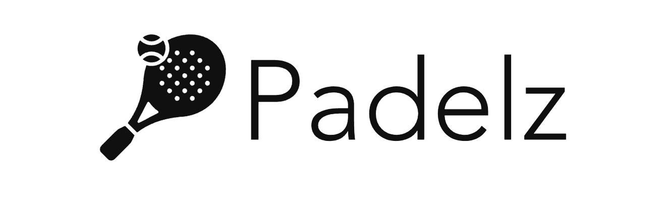 The image features a minimalist logo design for "Padelz," depicting a stylized padel racket with a ball, emphasizing the brand's focus on the sport of padel.