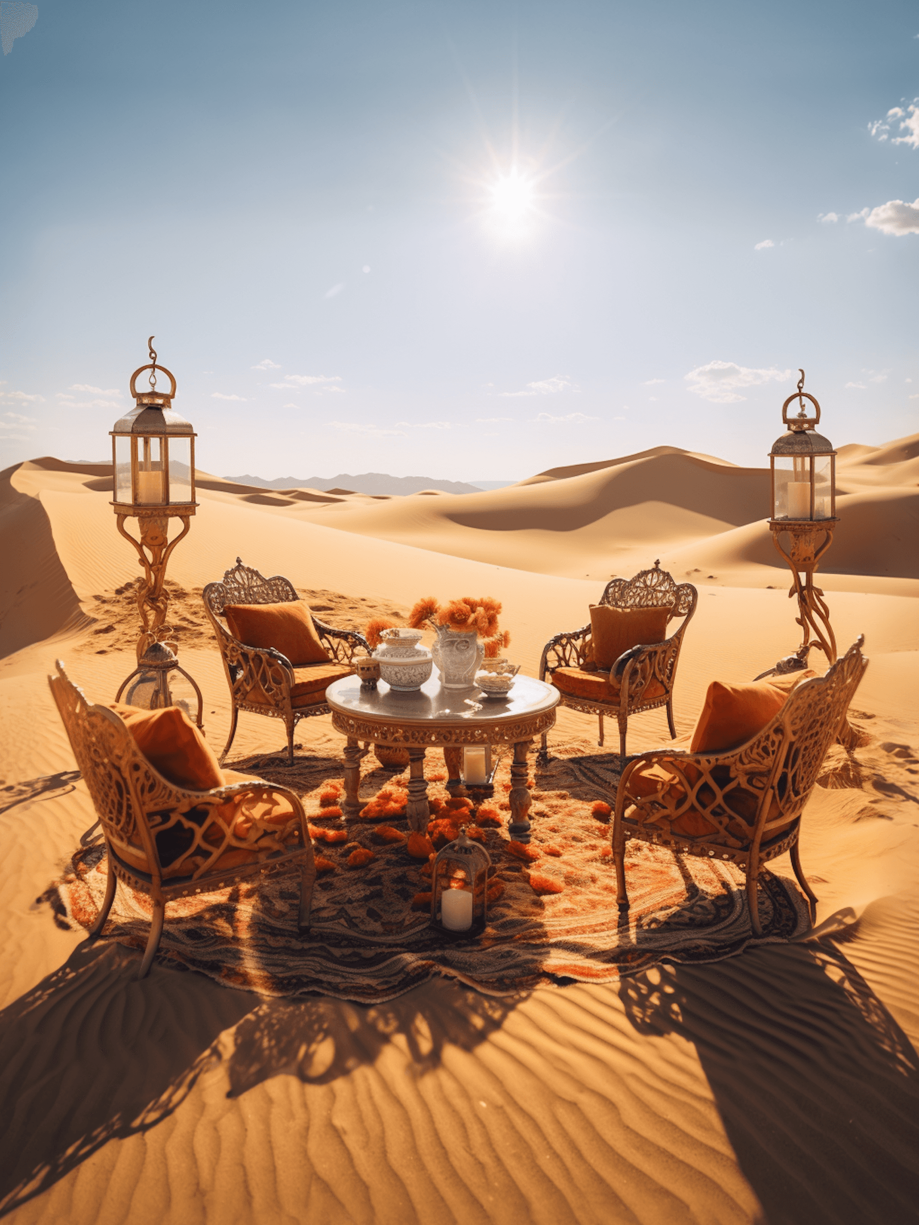 Traditional Arabic setup with chairs and lanterns in the desert sands of AlUla during sunrise.