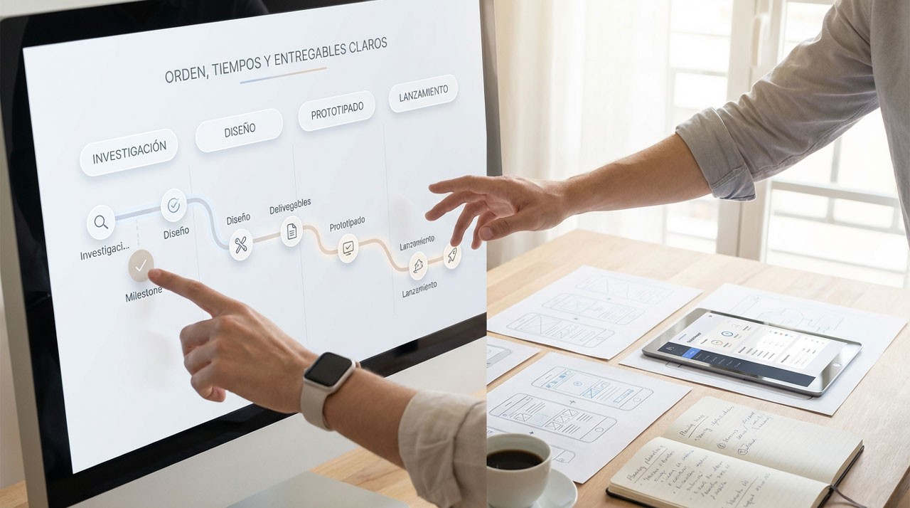 Composición visual que integra el diseño UX y la gestión de proyectos; se observa un monitor mostrando un cronograma estratégico con la ruta crítica y los hitos clave (milestones) para asegurar la entrega exitosa del producto.
