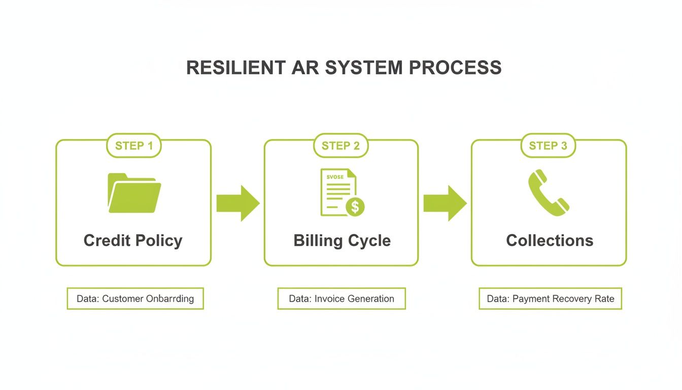 Flowchart illustrating a resilient AR system process with steps for credit policy, billing, and collections.