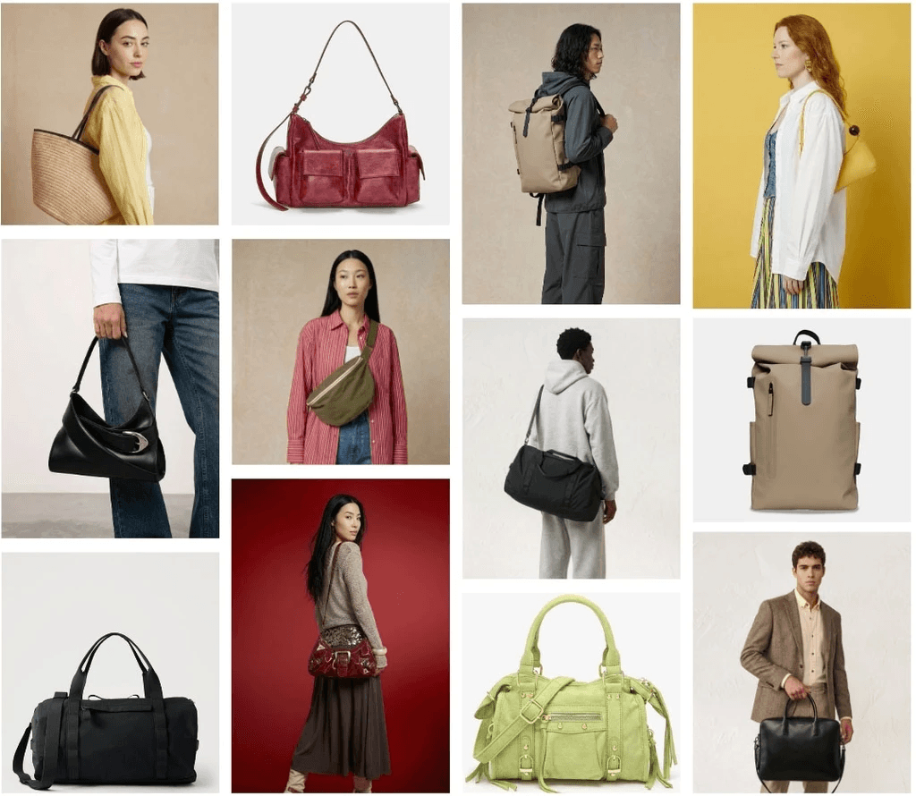 Four images feature a person wearing tank tops in different colors—white, green, blue, and red—paired with black pants against simple backdrops.