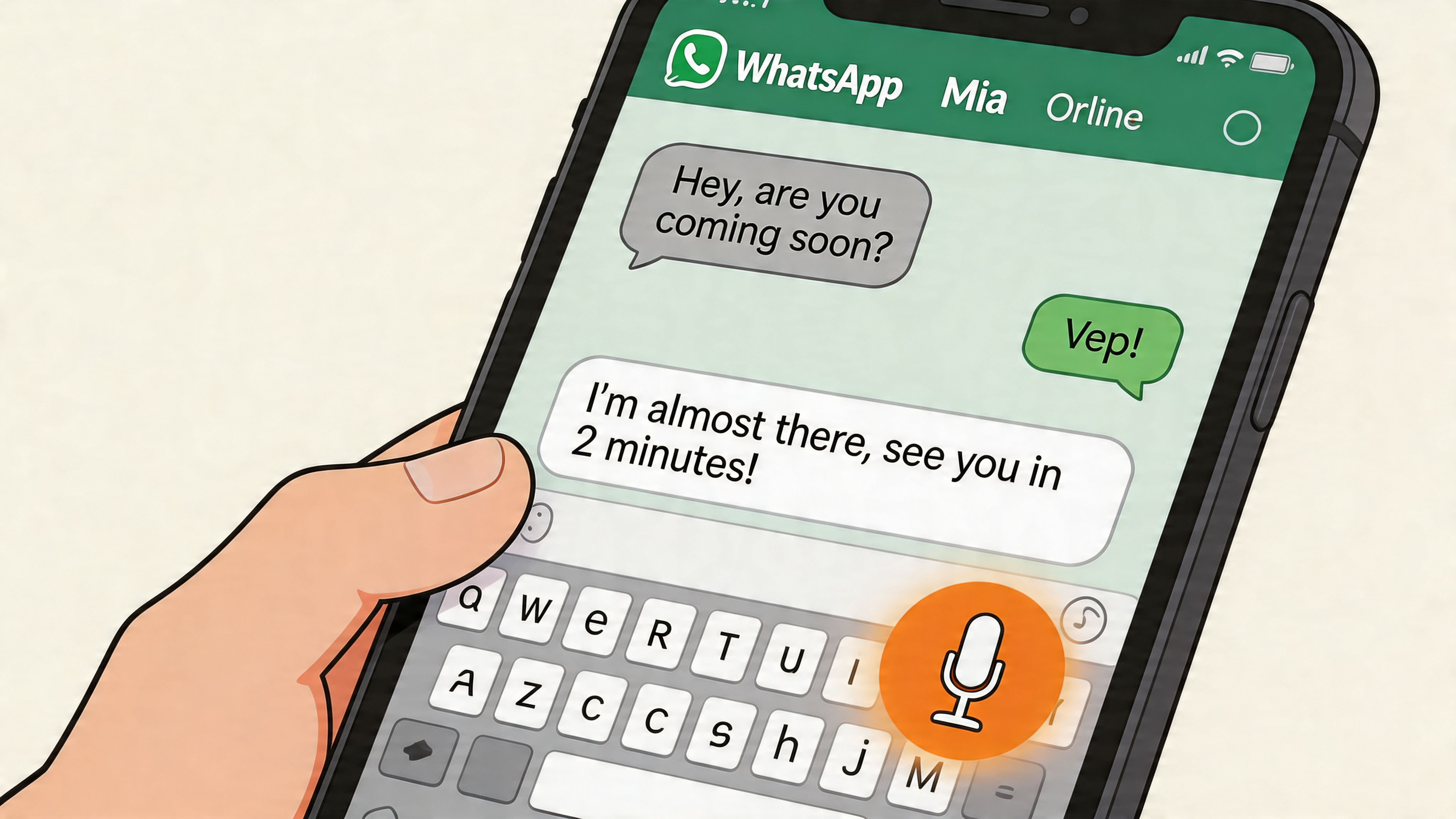 A hand holding a smartphone displaying a WhatsApp chat with speech-to-text dictation active.