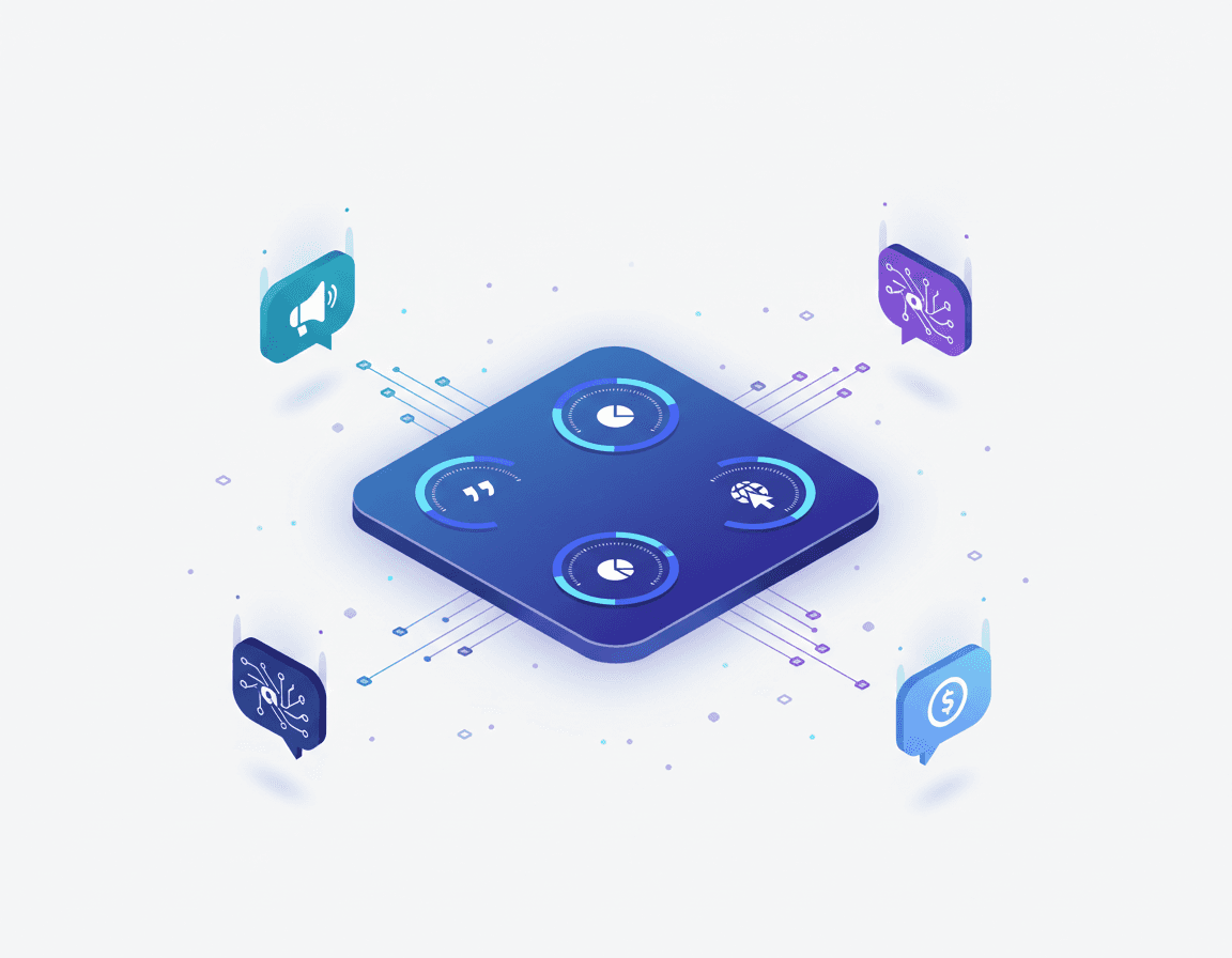 Isometric dashboard showing AI assistants feeding metrics gauges for mentions, citations, share-of-voice, traffic,&nbsp;