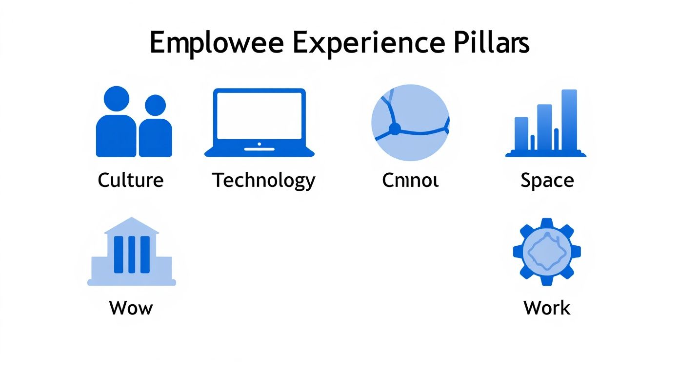 Diagram illustrating six employee experience pillars: Culture, Technology, Cnlnou, Space, Wow, and Work.