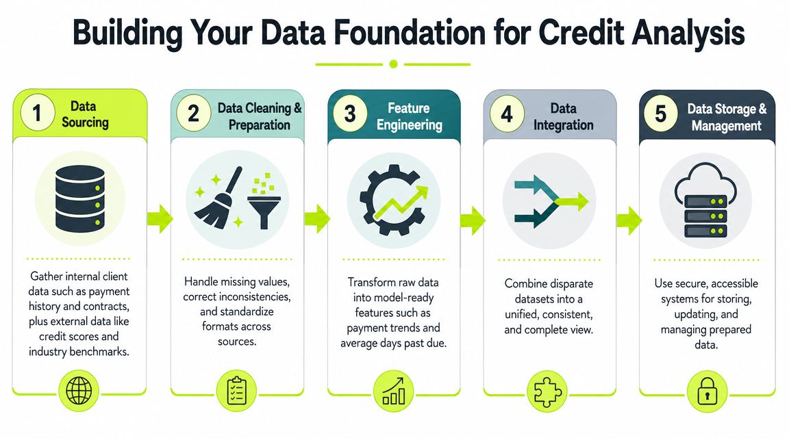 A five-step flowchart illustrating the process of building a data foundation for credit risk analysis.