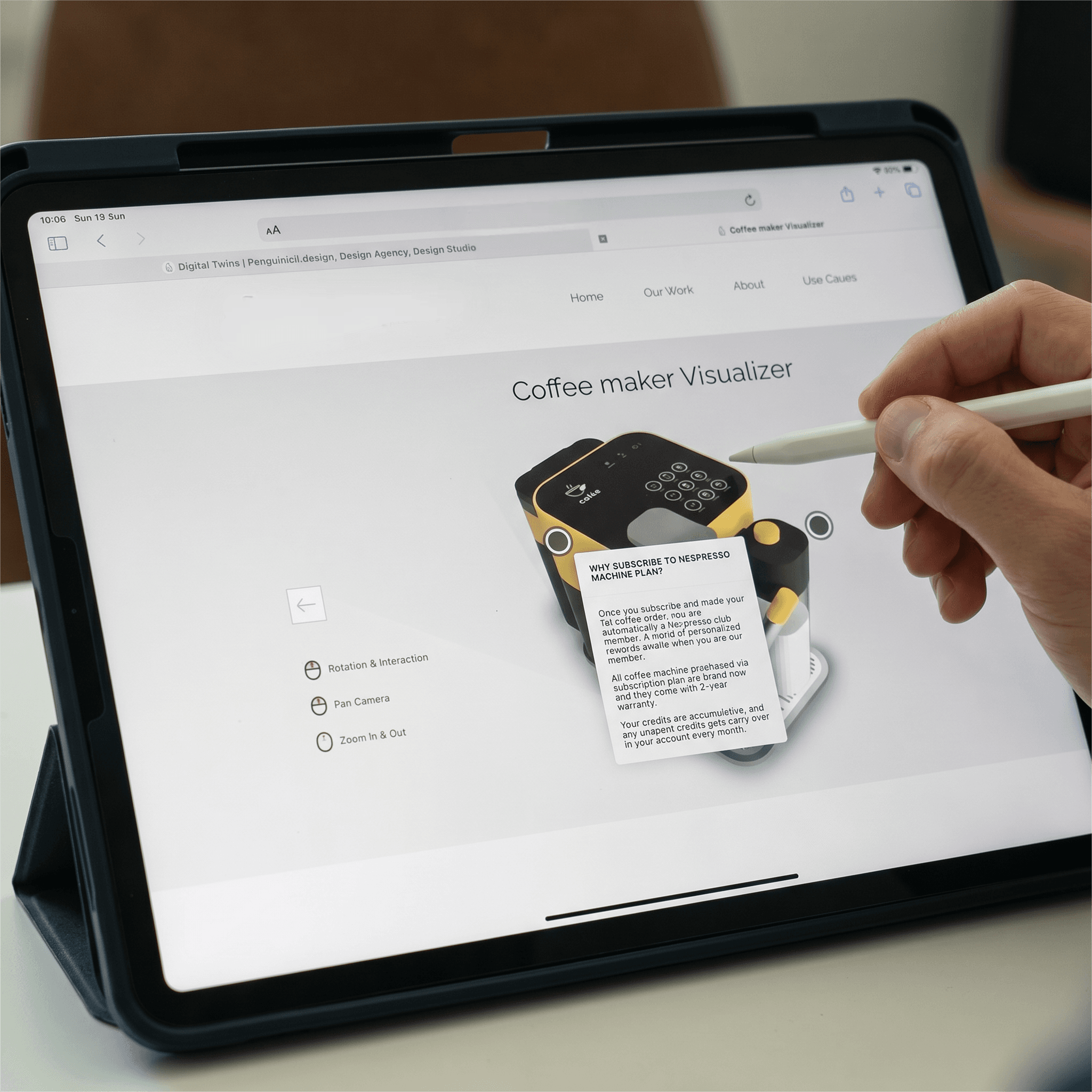 Coffee maker interactive 3D product visualization on iPad with feature hotspots.