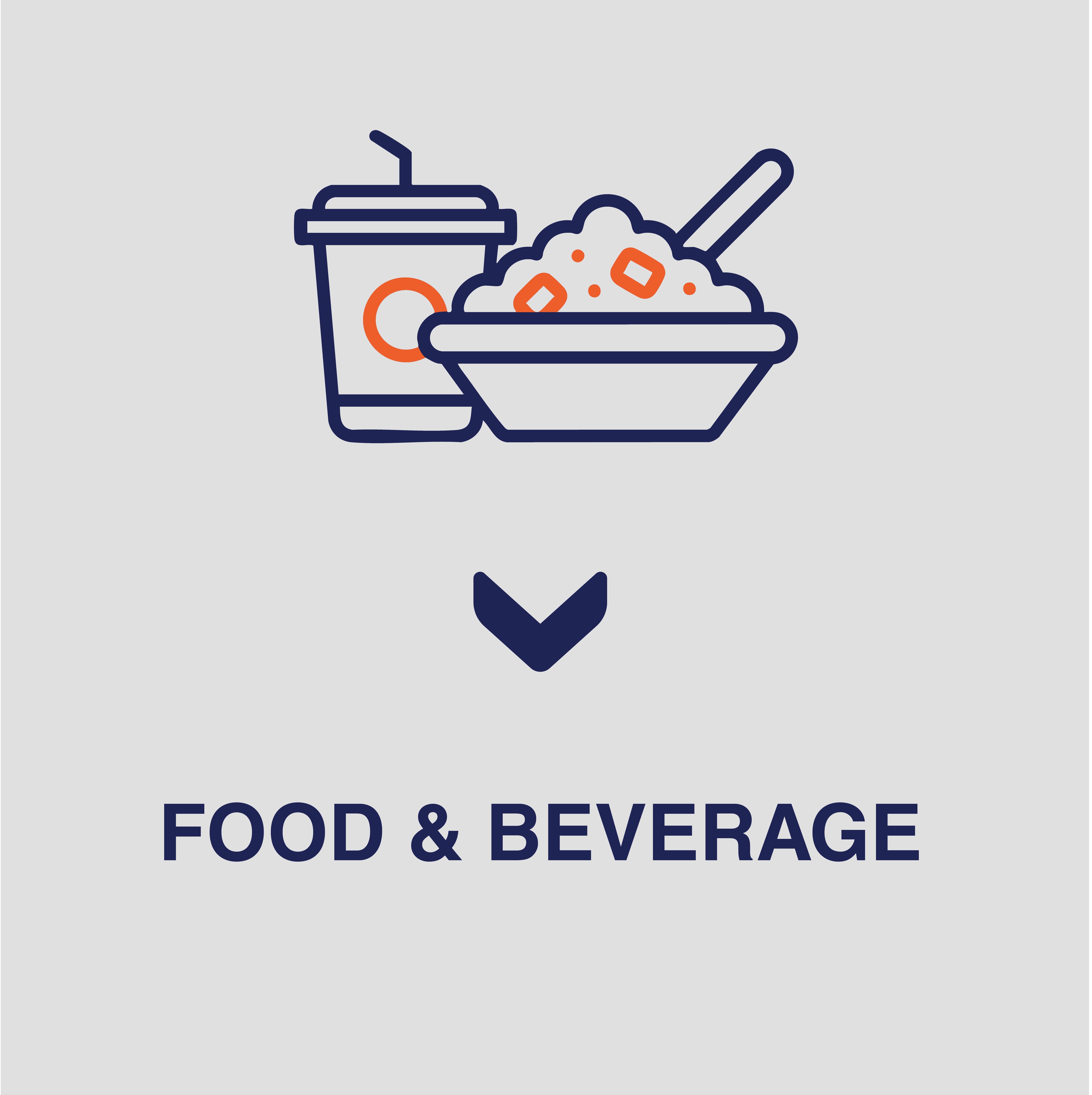 icon of a bowl of food and a drinks container in blue on a white background that says food and beverage