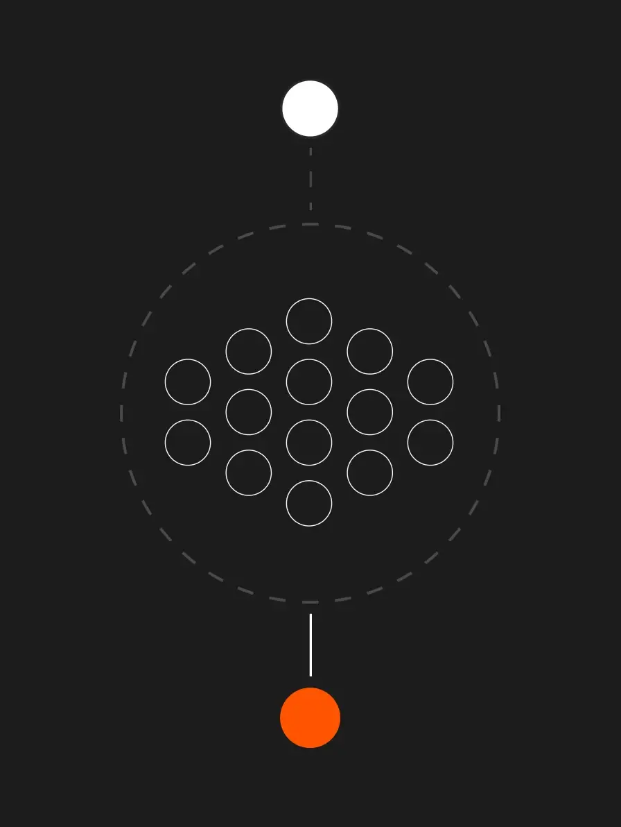 Group of circles within a dashed circle, with a white circle above and orange circle below.