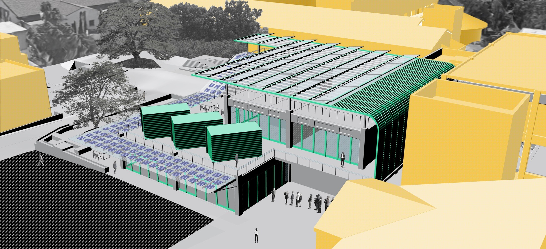 Overhead view of the proposed terraces and shaded spaces.