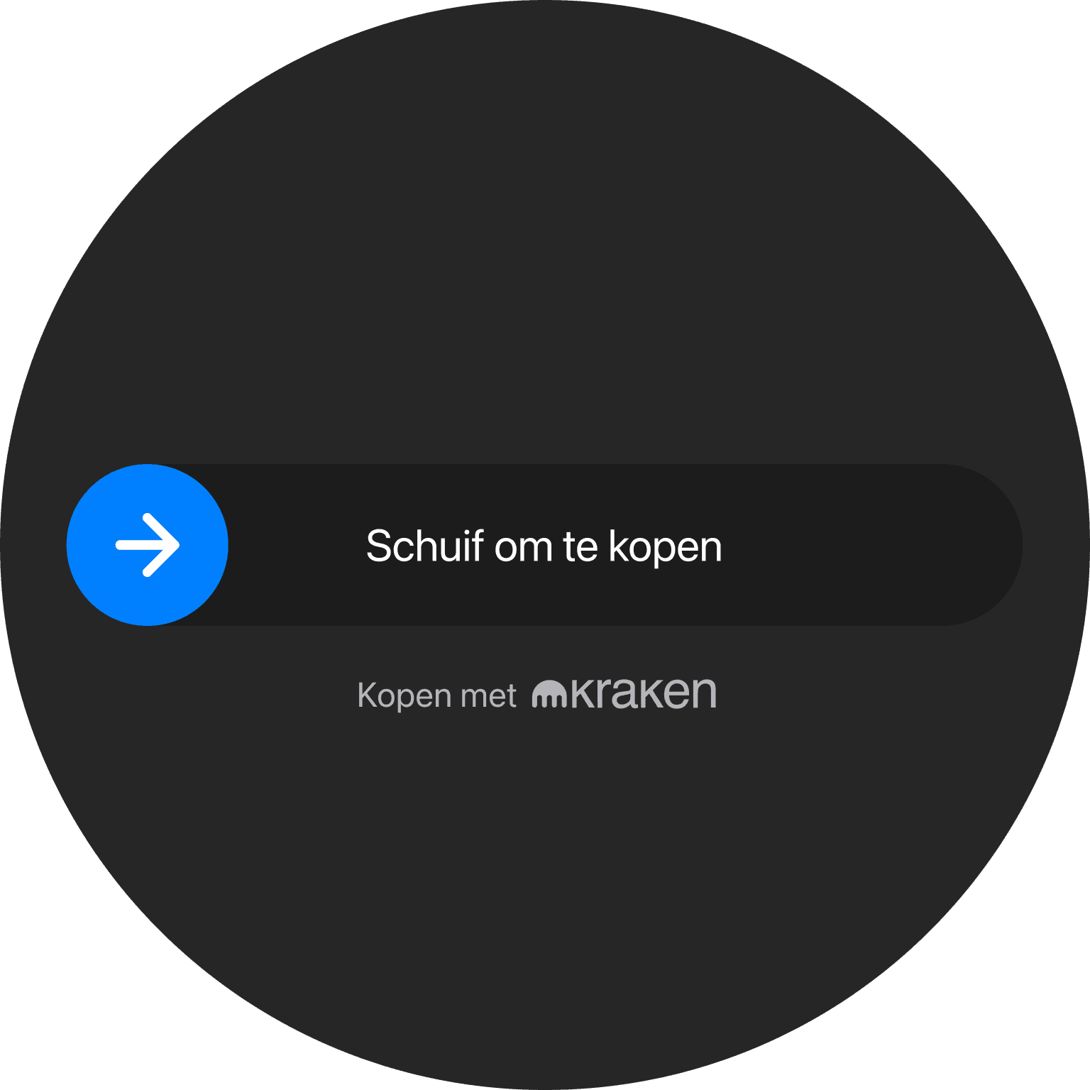 Cirkelvormige zwarte interface met een blauwe knop met het label "Start" en een tekstveld eronder dat aangeeft "Bezig..."