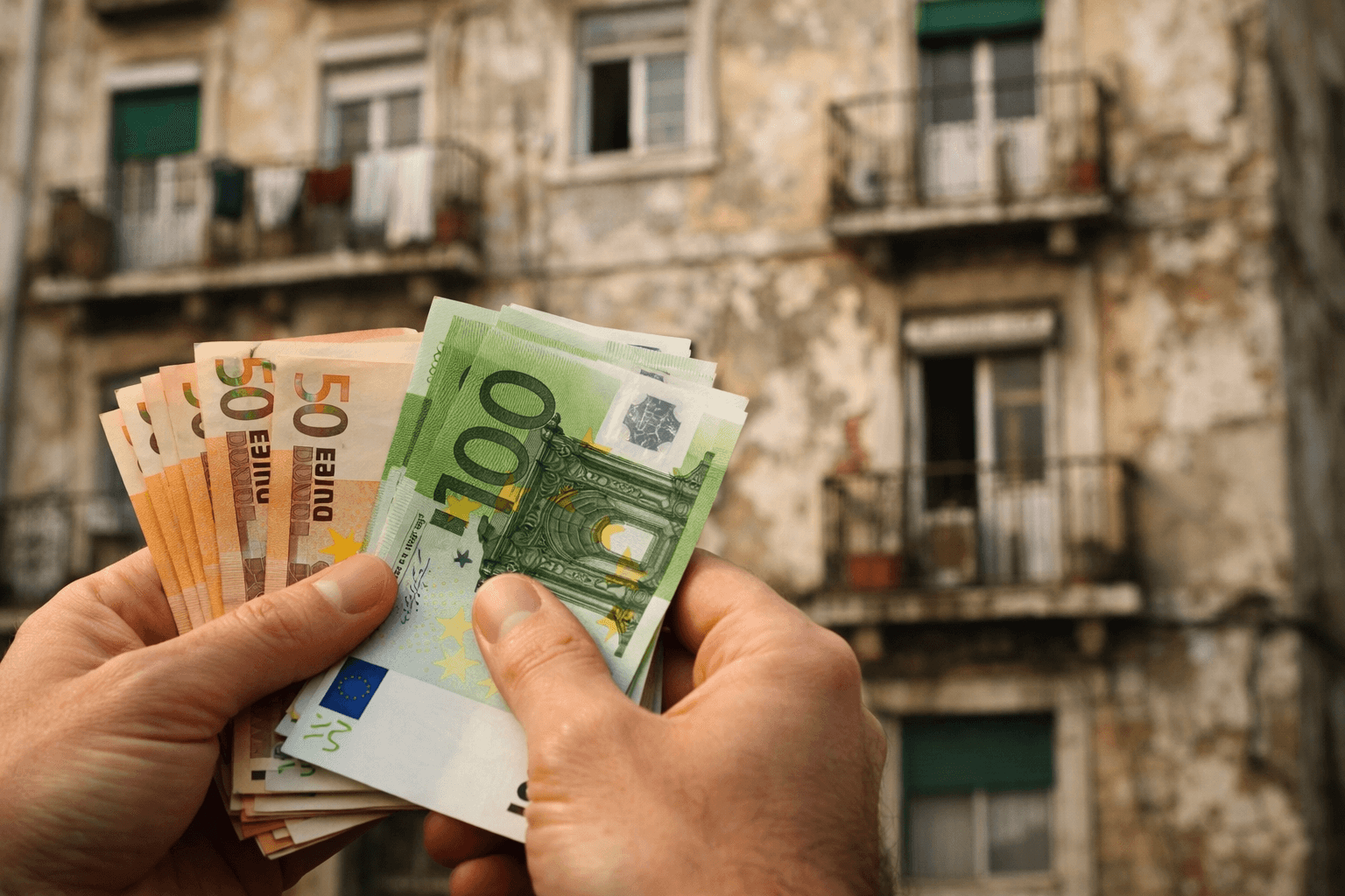mãos a segurar dinheiro e fachada degradada de fundo