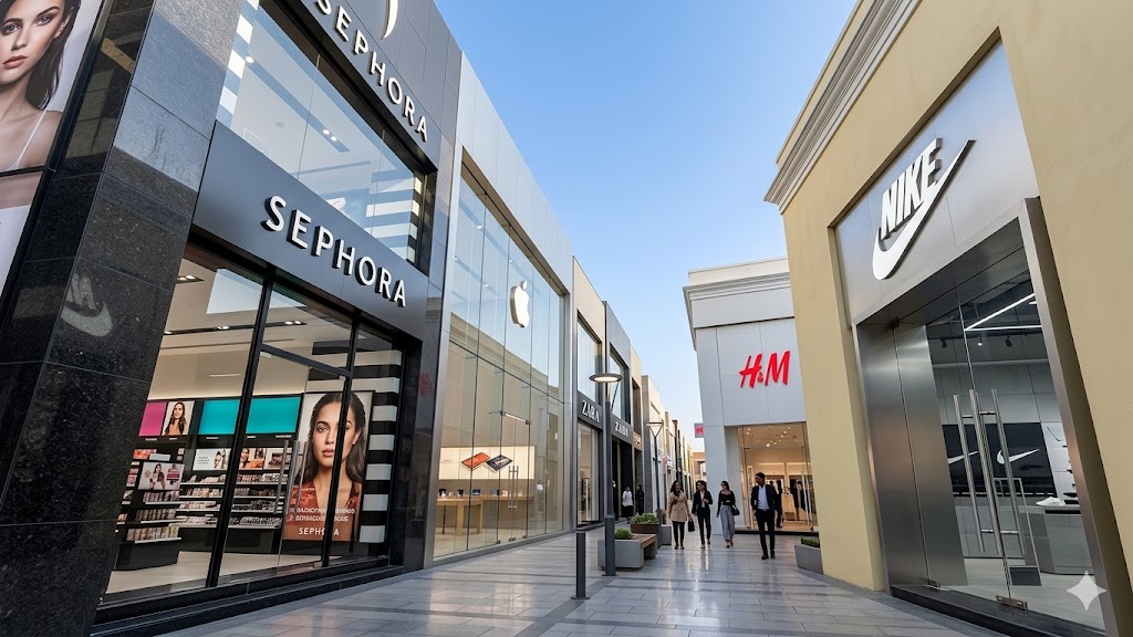 Retail promenade at “Grand Galleria” by Rankawat Group on Ajmer Jaipur Highway, featuring premium branded showrooms with modern glass facades, wide pedestrian walkway, and a vibrant shopping environment.