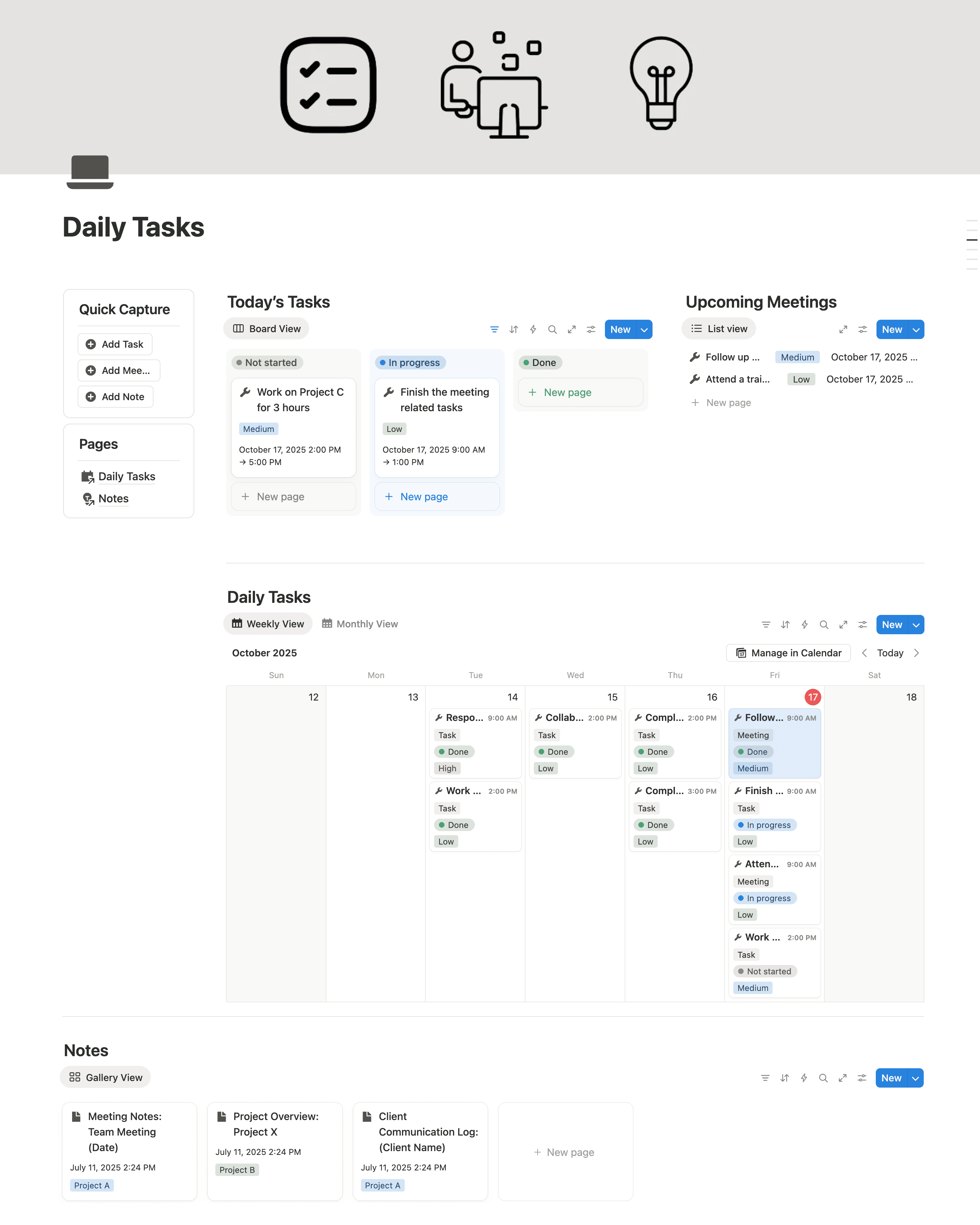 Daily Tasks Notion template for managing work tasks, meeting notes, and daily priorities