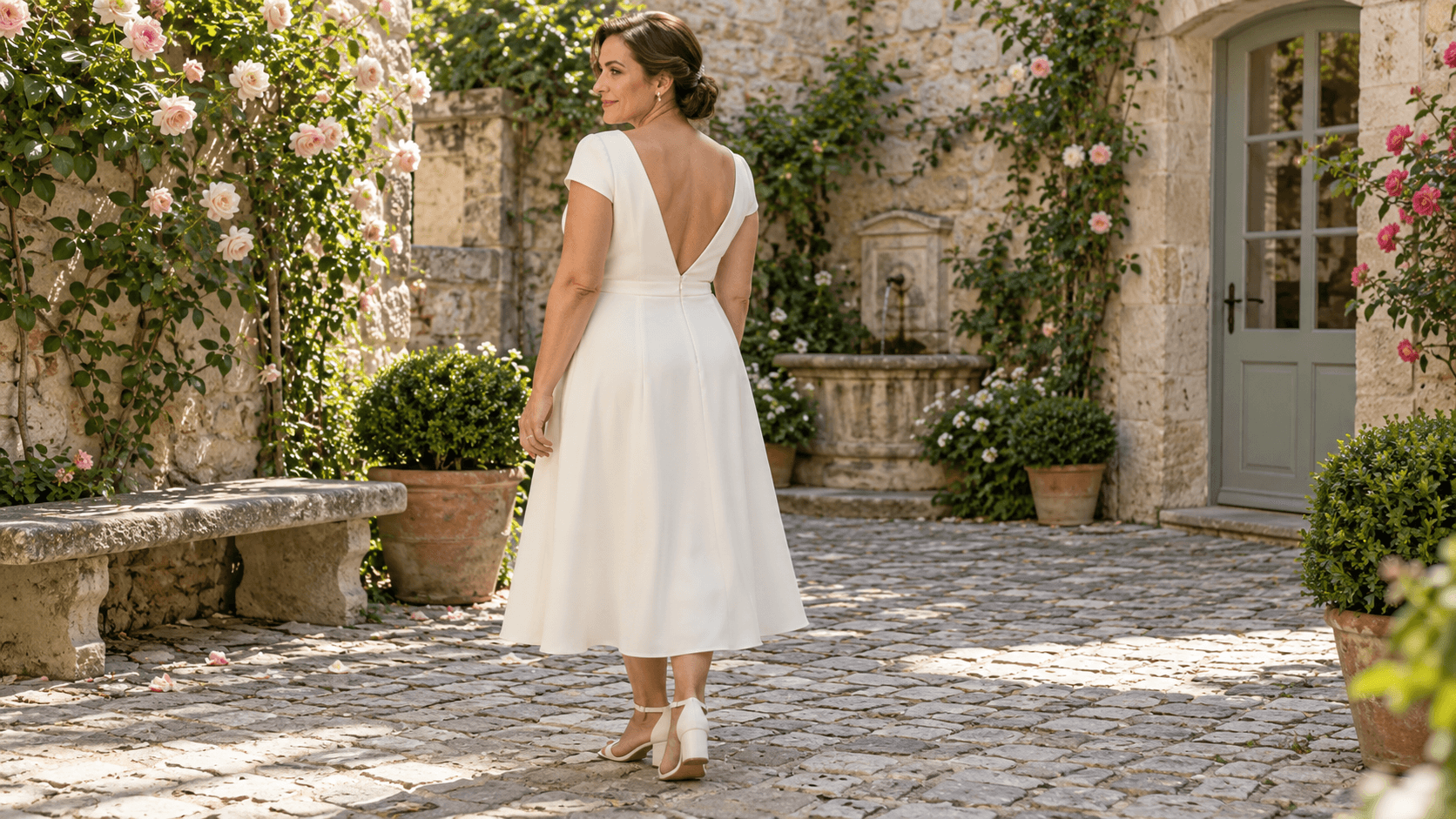 Une femme vue de trois-quarts dos porte une robe midi ivoire au dos ouvert en V, dans une cour fleurie.