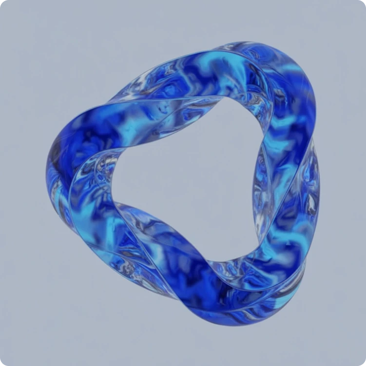 Abstract 3D blue glass trefoil knot symbolizing ‘Our Mission’