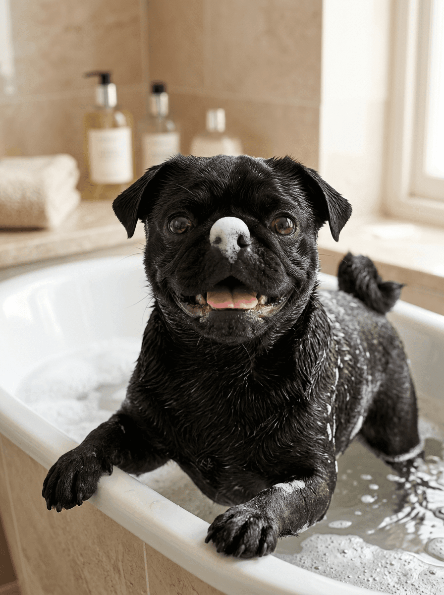 portrait of a dog at bath time. 4k with goood lighting. happy Black pug and there should be a bit of foam