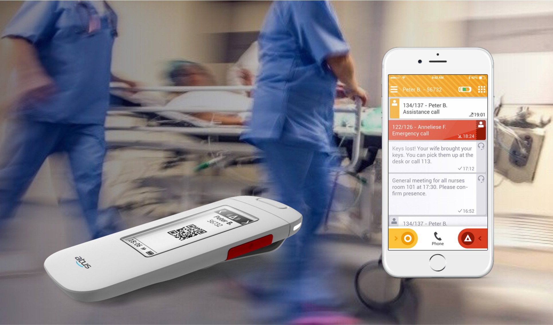 Photo of user interface of medical comminication device and app for Atus