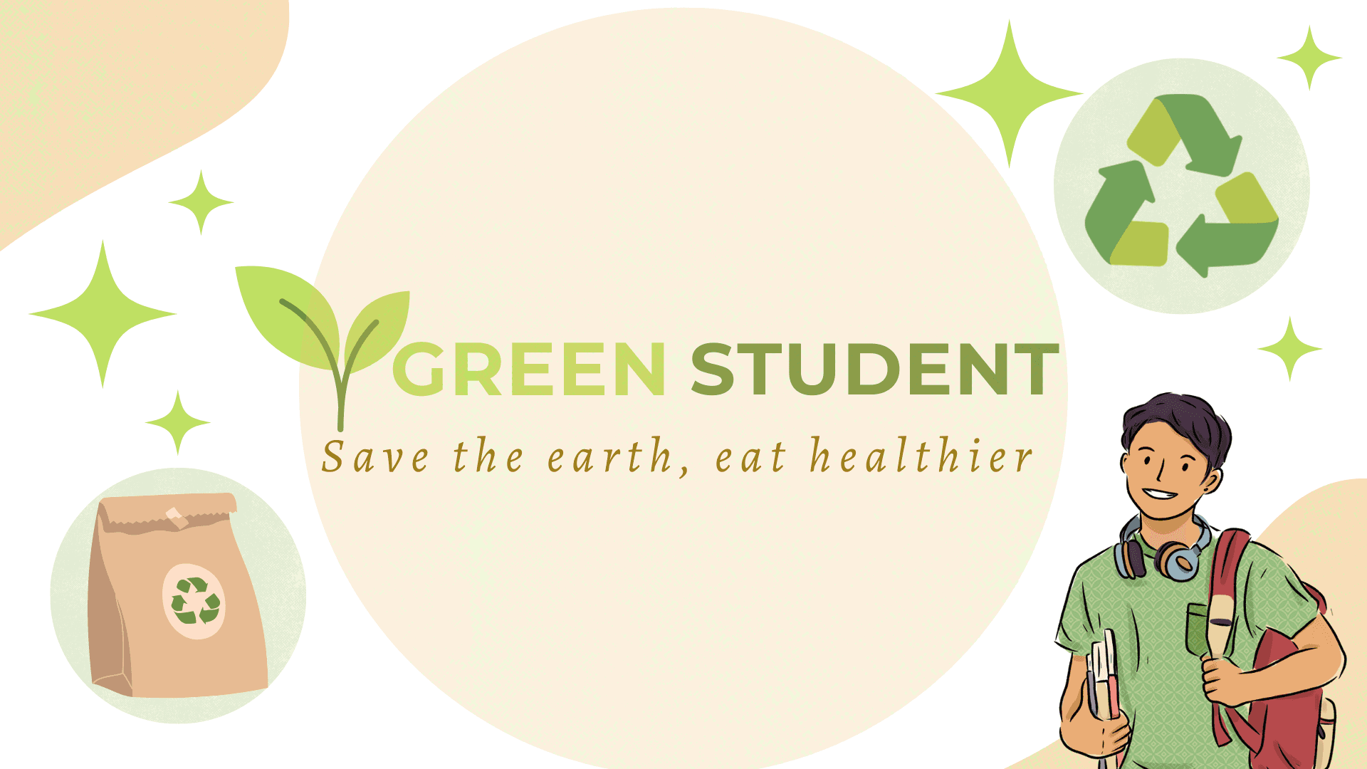 Green Student presentation slide - eco-friendly student food platform logo with tagline Save the earth, eat healthier