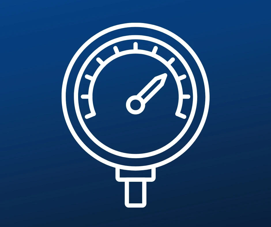 Weißes Messgerät-Symbol auf einem blauen Hintergrund, mit einem Zeiger, der nach rechts zeigt. Ideal für die Druckmessung.