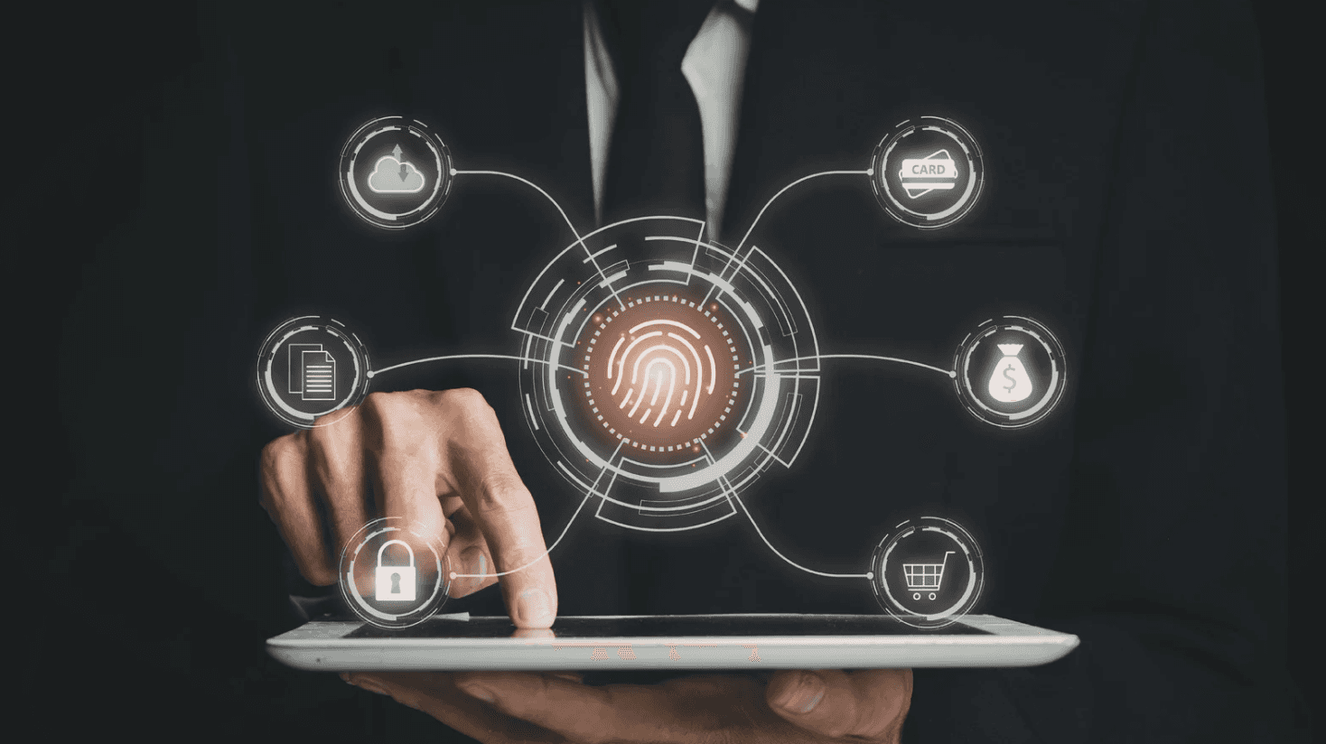 Digital fingerprint security interface with connected e-commerce icons representing automated Amazon PPC management technology