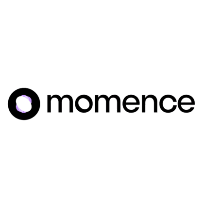 The Momence logo features a distinctive abstract mark made from joined circles of varying sizes that form a geometric, interconnected pattern. This circular symbol appears alongside the lowercase wordmark in a modern sans-serif font. The design suggests connection, flow, and community through its interlocking circular elements.