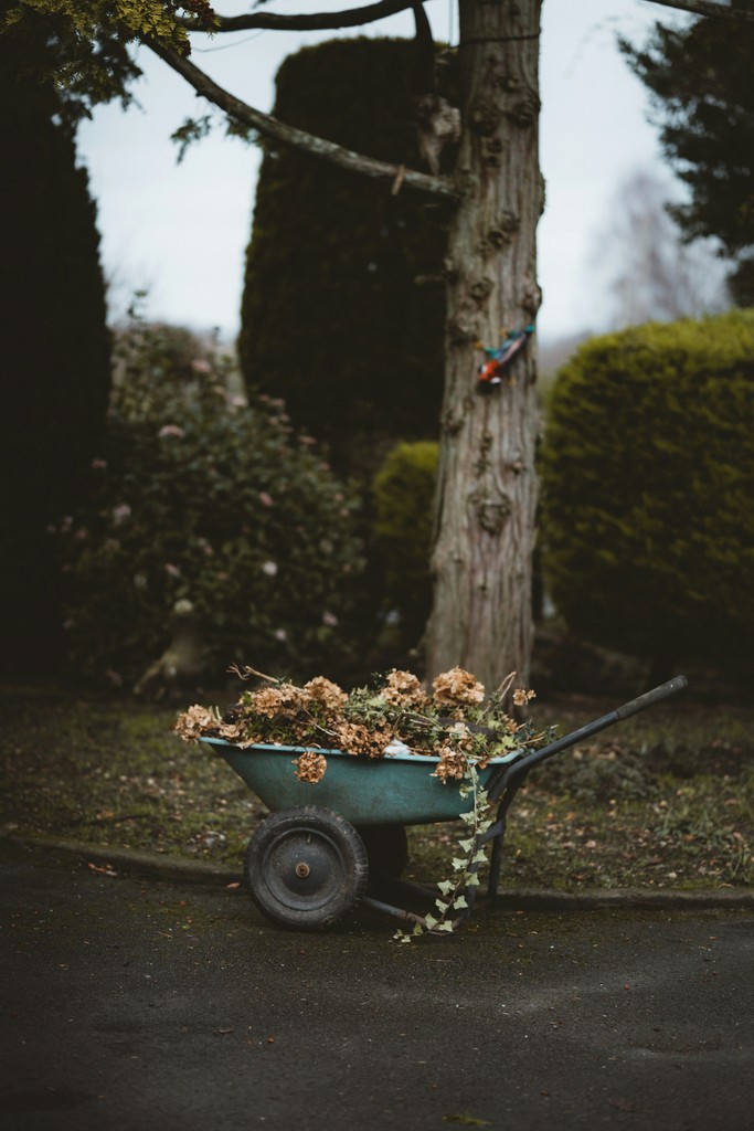 Een karretje vol met gesnoeide bladeren van een tuin van Intergreen