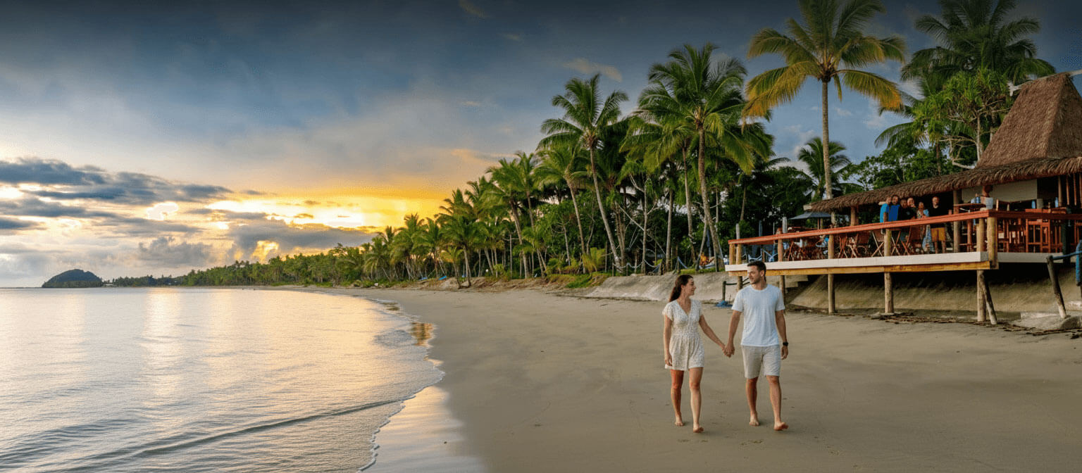 Uprising Beach Resort's vibrant beachfront bar with live music, string lights, and guests enjoying the sunset.